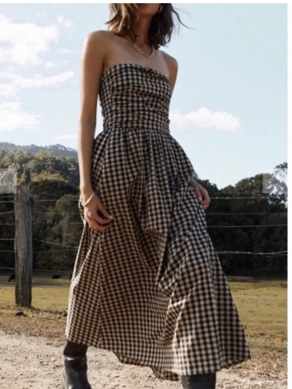 Dissh Elm Beige Gingham Strapless Midi Dress size AU 6 US 2 - Picture 1 of 6